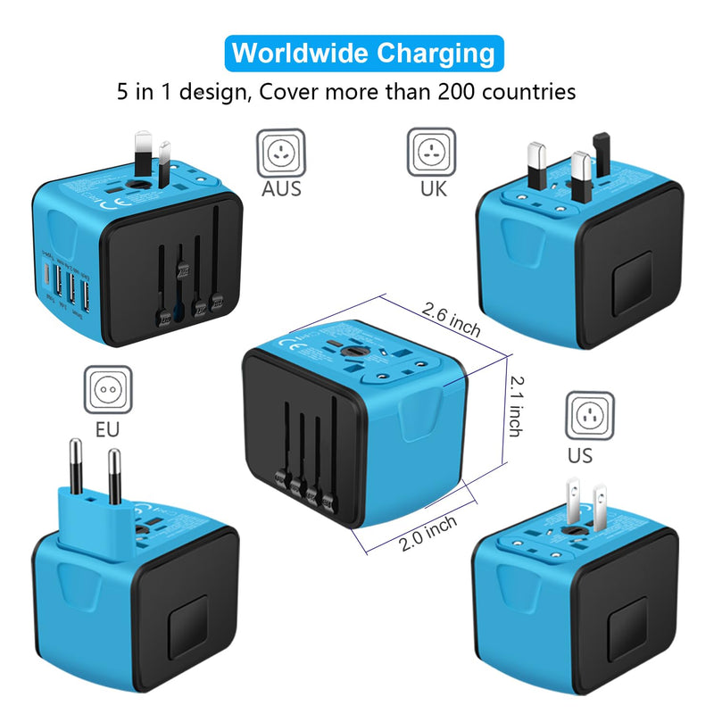 Travel Adapter Worldwide, Universal International Power Plug Adapter W/2.4A 3xUSB-A and 3.0A Type-C Wall Charger, European Travel Plug Adapter for Europe UK EU US CA AU Italy Asia-Blue 3A+1C ( Blue )