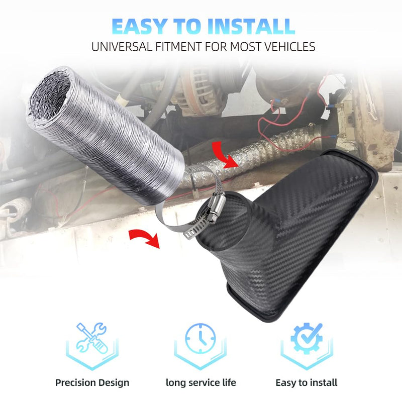 Air Intake Duct Front Bumper Turbo Air Intake Pipe, Carbon Fiber Car Square Brake Air Duct with Extendable Flexible Hose and Hose Band