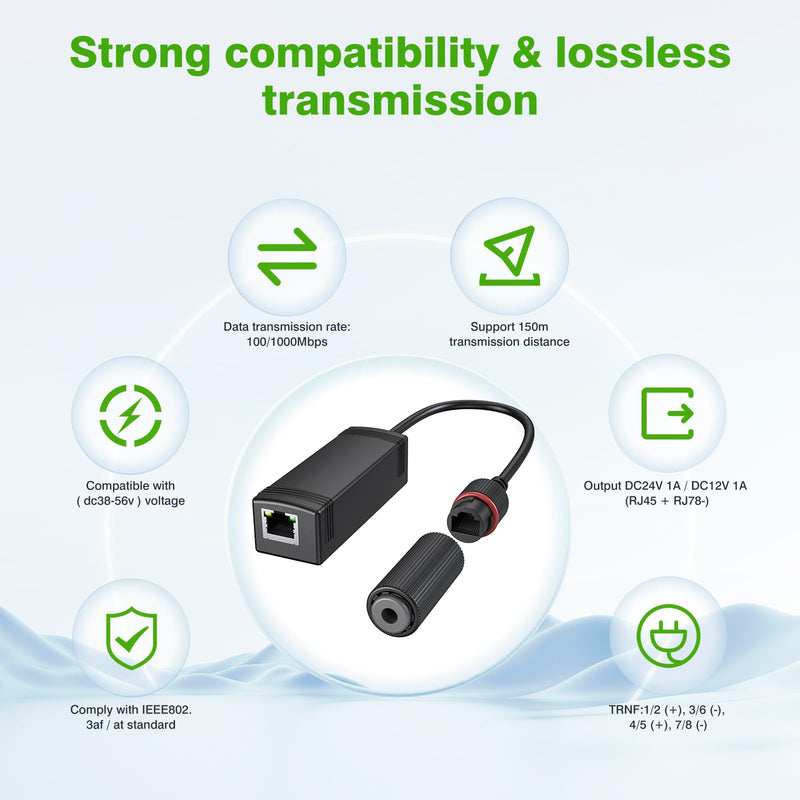 Gigabit PoE Splitter 12V Output with IEEE 802.3af/at Standard Compliant 10,100,1000Mbps Power Over Ethernet Splitter Adapter for Security Camera CCTV Surveillance IP, AP, Wireless Bridge (2 Pack)