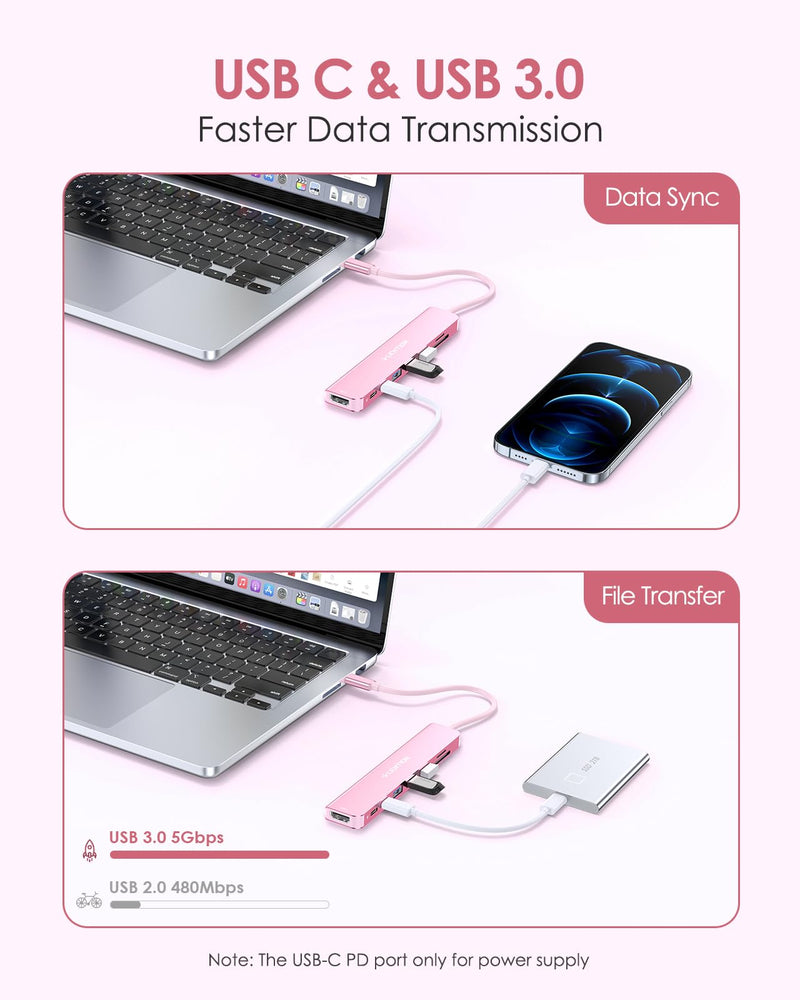 LENTION 8-in-1 USB-C Hub with 4K 60Hz HDMI, 100W Power Delivery, 5Gbps USB C Data, 3 USB 3.0 and microSD & SD Card Reader for 2023-2016 MacBook Pro, New Mac Air/Surface, More (CB-CE18s, Rose Gold)