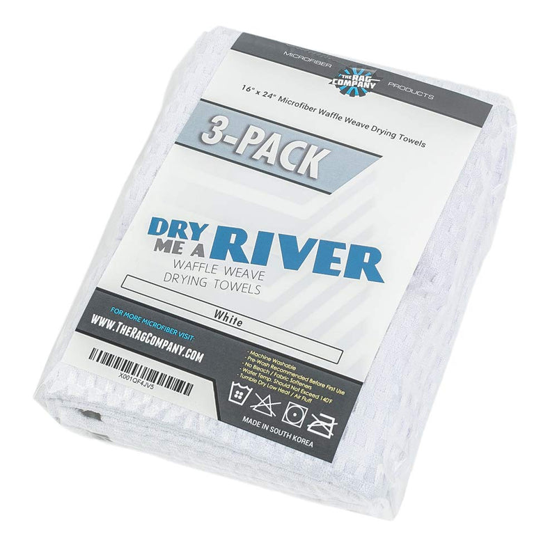 The Rag Company - Dry Me A River - Professional Korean 70/30 Blend, Microfiber Waffle-Weave, Drying & Detailing Towels, Soft Suede Edges, 390gsm, 16in x 24in, White (3-Pack)