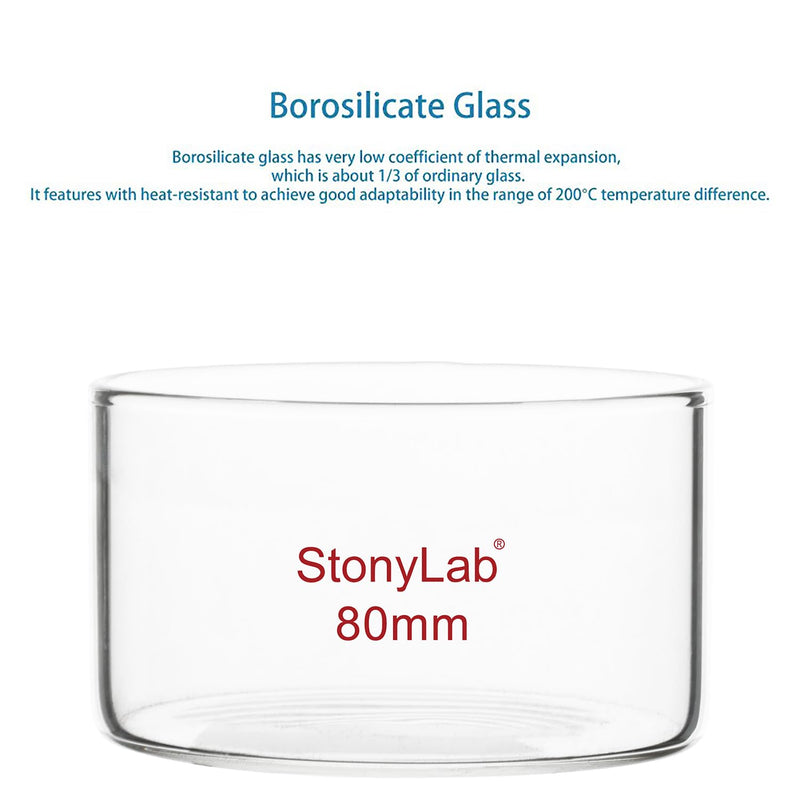 stonylab Crystallizing Dish, Thick-Wall High Borosilicate Glass Crystallizing Dishes for Crystallization and Evaporation Lab Glassware, Flat Bottom, No Spout, O.D. 80 mm, 100 ml (Pack of 2) 100 ml (Pack of 2)