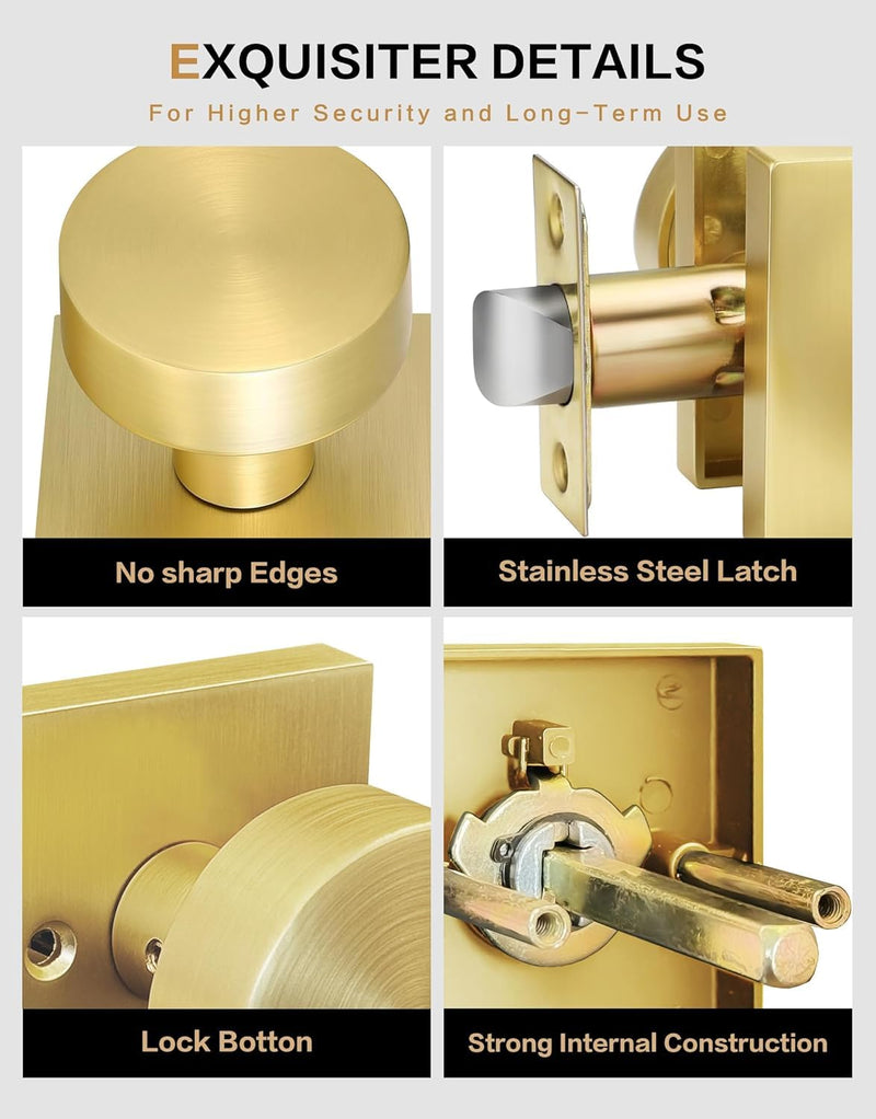 Lethato Brushed Gold Interior Passage Door Knob, Contemporary Zinc-Alloy Heavy Duty Door Knobs, Round Gold Handle, Non-Locking Doorknob for Hallway Closet Bedroom Bathroom (1 Pack) 1 Pack(Passage)