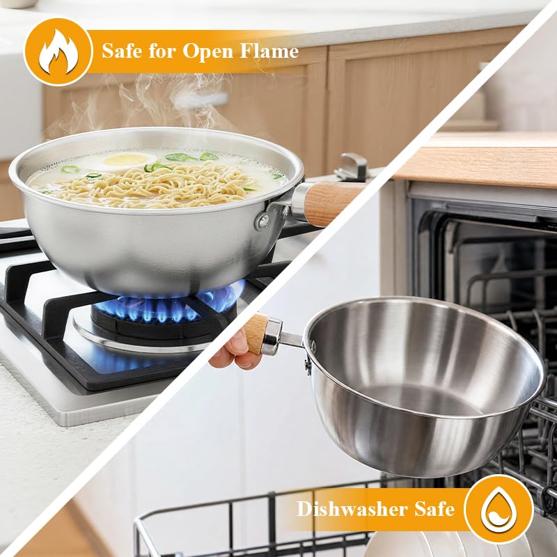 Korean Ramen Pot Set, 18/8 Stainless Steel Ramen Cooking Pot with Glass Lid, Coating-Free One-Person Dining Set, Wooden Handle Bowl, Fork Spoon Chopsticks&Sauce Dish, Safe for Gas Stove Glass Lid Pot