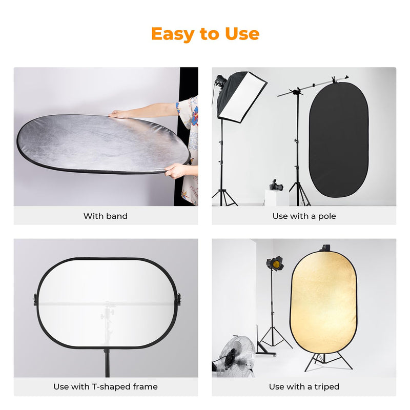 K&F CONCEPT 24" x36”(60x90cm) 5-in-1 Oval Foldable Reflector with Carrying Bag, Gold, Silver, Black, White Reflective Fabric and Translucent Soft Fabric for Studio Lighting 60x90cm