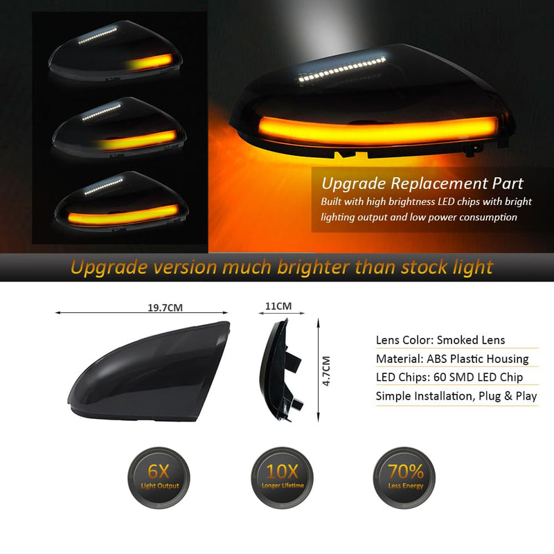 D-Lumina Sequential LED Side Mirror Turn Signal Lights Smoked Lens Puddle Light Assembly for Dodge Ram 1500 2009-2018, Ram 2500 3500 2010-2018, Dynamic Indicator Strip Mirror Marker Lamp, Pack of 2 Smoked Cover Sequential Amber ＆ White