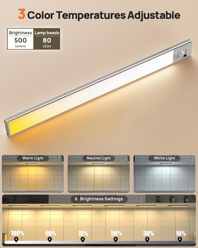 16in Under Cabinet Lighting with Remote Control,160 LED Motion Sensor Light Indoor,4000mAh USB Rechargeable Closet Lights,3 Color Temps Wireless Under Counter Lights for Kitchen,Pantry, Stair, 3 Pack White-16 Inch