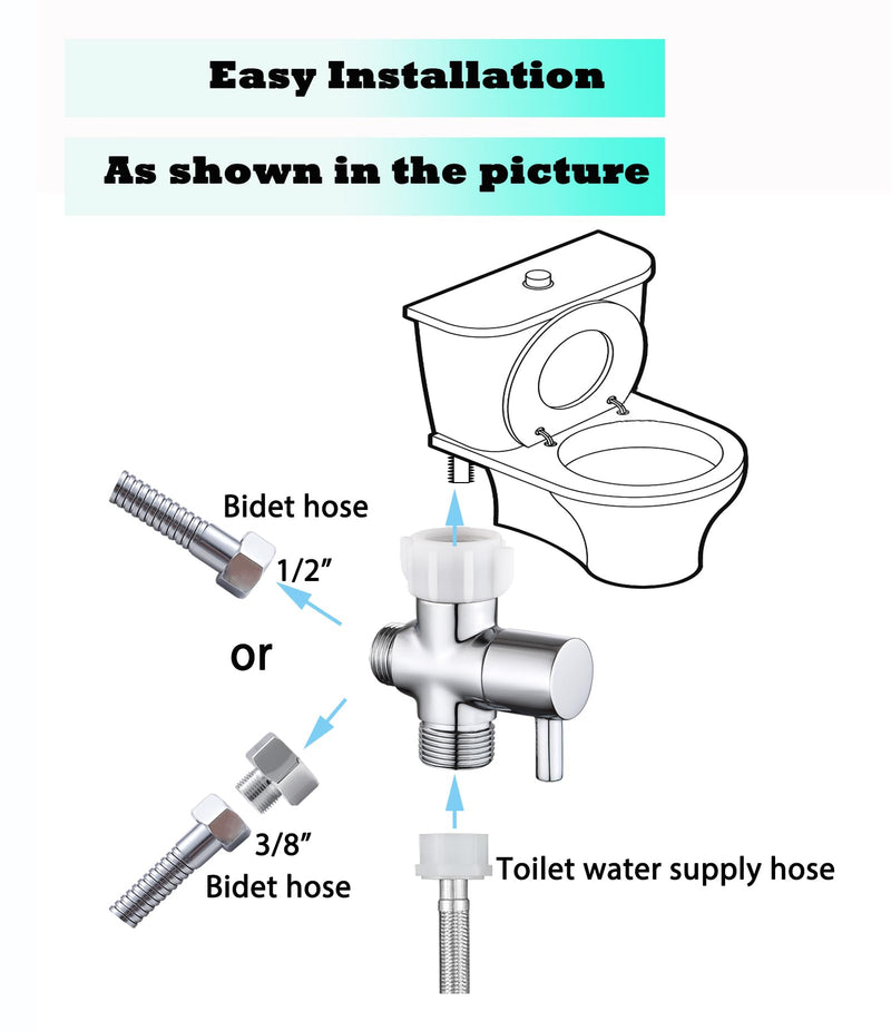 Bidet T Adapter With Shut off Valve,3 Way T Valve for Bidet, Brass T Adapter for Handheld Toilet, 7/8"×7/8"×1/2" or 3/8" Chrome