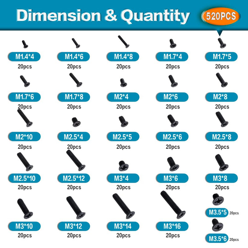 OURUI 26 Sizes 520pcs Notebook Laptop Computer Replacement Screws Kit M3.5 M3 M2.5 M2 M1.7 M1.4, Small Tiny Screws Electronic Repair Accessory for HP IBM Dell Sony Samsung Gateway Hard Disk SSD SATA Flat Head/520pcs