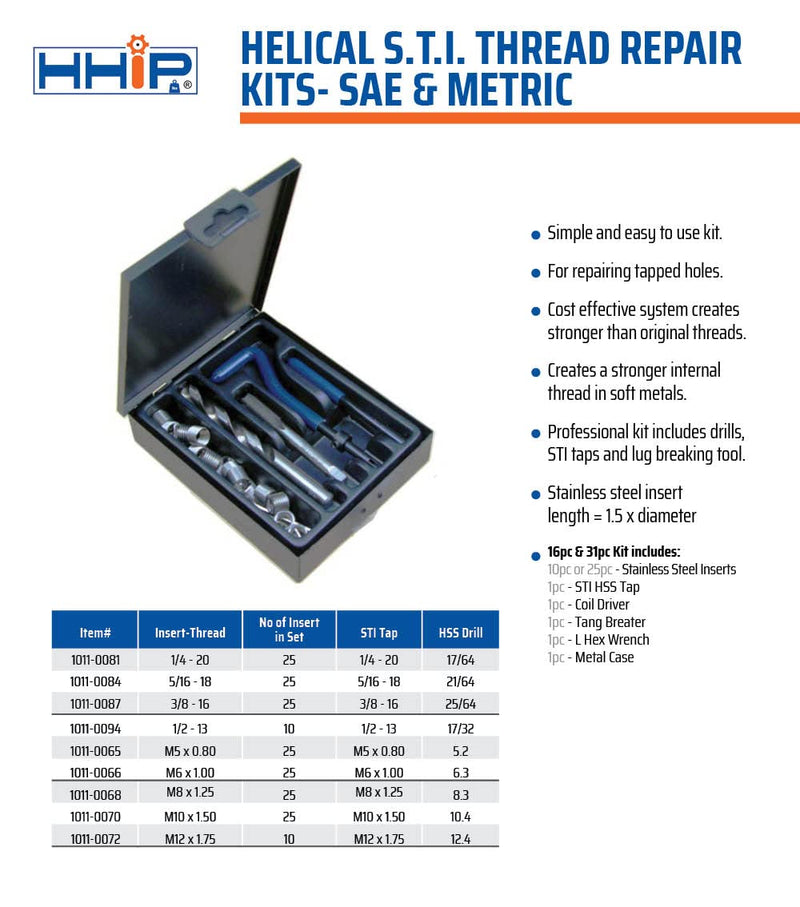 HHIP 1011-0068 31 Piece M8 x 1.25 Helical STI Thread Repair Kit M8 X 1.25 31 Pc. Kit Thread Repair Kit - Metric