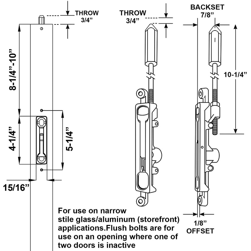 Commercial Door Flush Bolt with 10-1/4" Extension Rod, 5-1/4" Mounting Hole Center Distance, 7/8" Backset, 1/8" Offset (2, Black) 2
