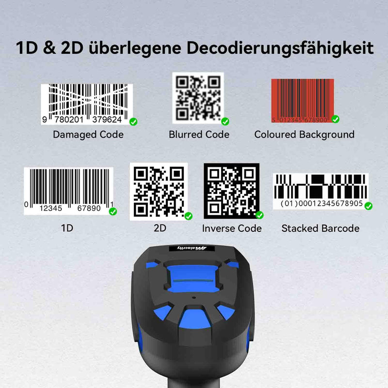 Alacrity Wireless Charging Barcode Scanner, 1D/2D Symbologies, Global Shutter Scan Sensor, Long-Distance 433MHz Wireless & Bluetooth Connectivity, Industrial Shock and Dust-Proof Barcode Reader, Blue Blue-2D