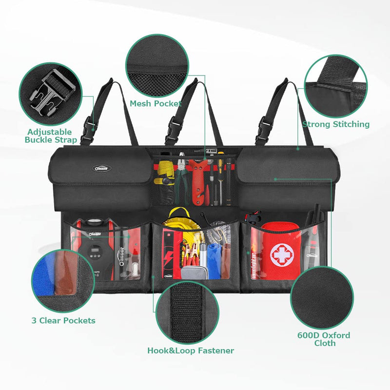 Oasser Back Seat Trunk Organizer Hanging Car Organizer Trunk Foldable Cargo Storage with 6 Large Pockets 3 Adjustable Straps 40x19inch Regular-40x19in Black