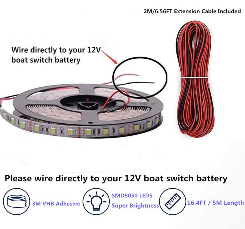 Pontoon LED Strip Lights, 12V 5M/16.4FT Waterproof Marine LED Light Boat Interior Lights, Boat Deck Light for Night Fishing, Ideal for Pontoon and Fishing Boat, Extension Cable Included (White) White (16.4FT)