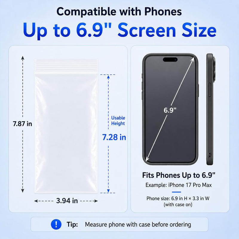 100Pcs Clear Phone Dust Bags Reclosable Zipper Sleeves for Cased Phones | 10 x 20 cm clear plastic sleeves fit Pro Max and Plus models up to 6.9 inches with slim or standard cases 10×20 cm (5 mil)