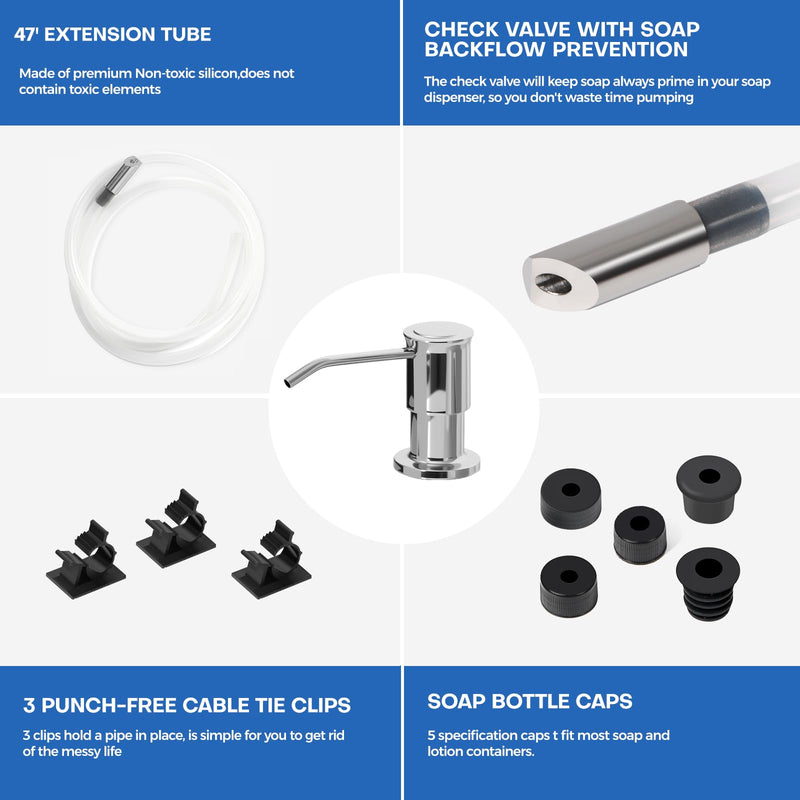 Soap Dispenser for Kitchen Sink, Chrome Built in Soap Dispensers, Stainless Steel Sink Soap Dispenser or Lotion Dispenser Pump with 47" Extension Tube Kit, Upgraded Metal Check Valve