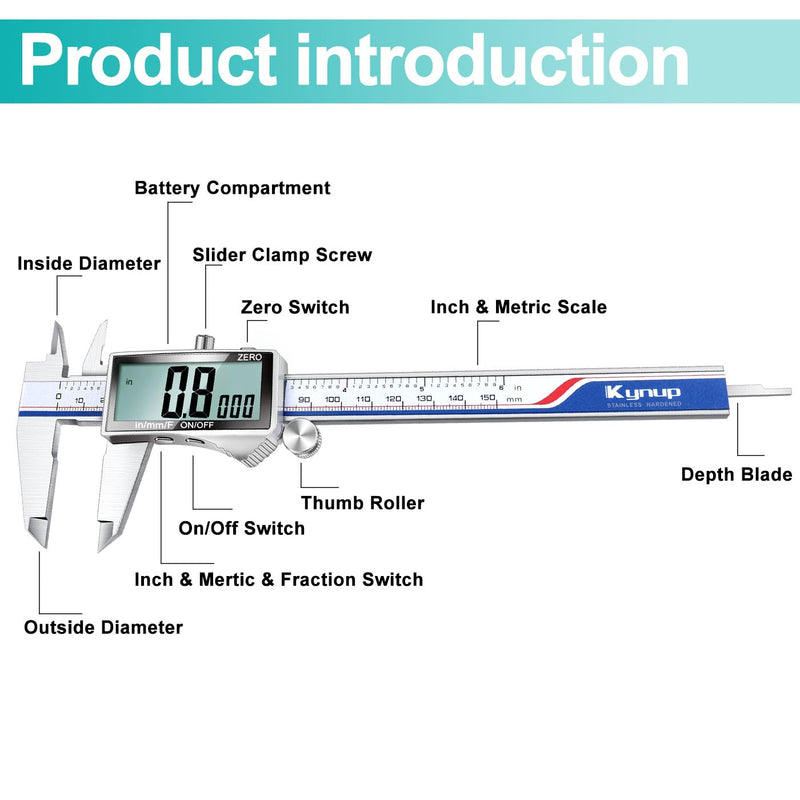 Kynup Digital Caliper Measuring Tool, Vernier Dial Caliper Digital Outside Micrometer, 6 Inch Caliper DIY Tool, Stainless Steel, Large Screen, Splash Proof, Inch Metric Fraction Switch 301-2