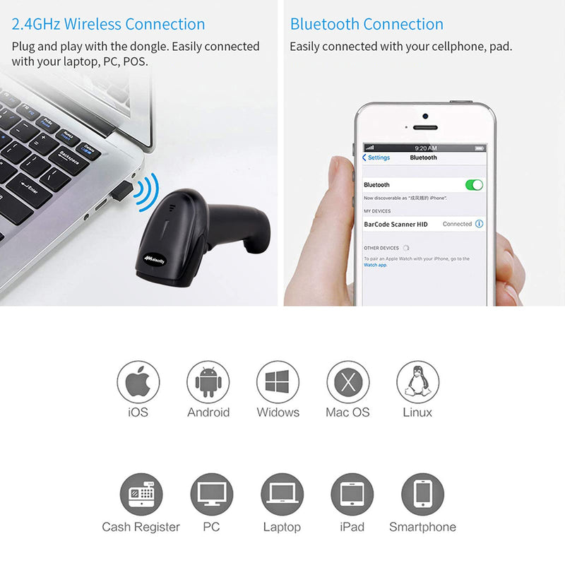 2D Bluetooth Barcode Scanner,Alacrity 1D 2D Hands-Free Automatic Scanning 3-in-1 Connections Bluetooth&USB Wired&2.4GHz Wireless Barcode Reader,Work with Windows,Mac,Android,Linux,iOS 2D Bluetooth Barcode Scanner