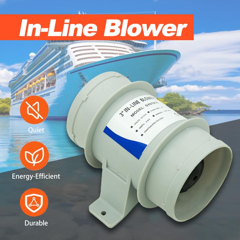 Inline Blower，Bilge Blower 12V 4A Marine Bilge Blower Air Blower Boat Cool Fan Marine Ventilation 3 inch