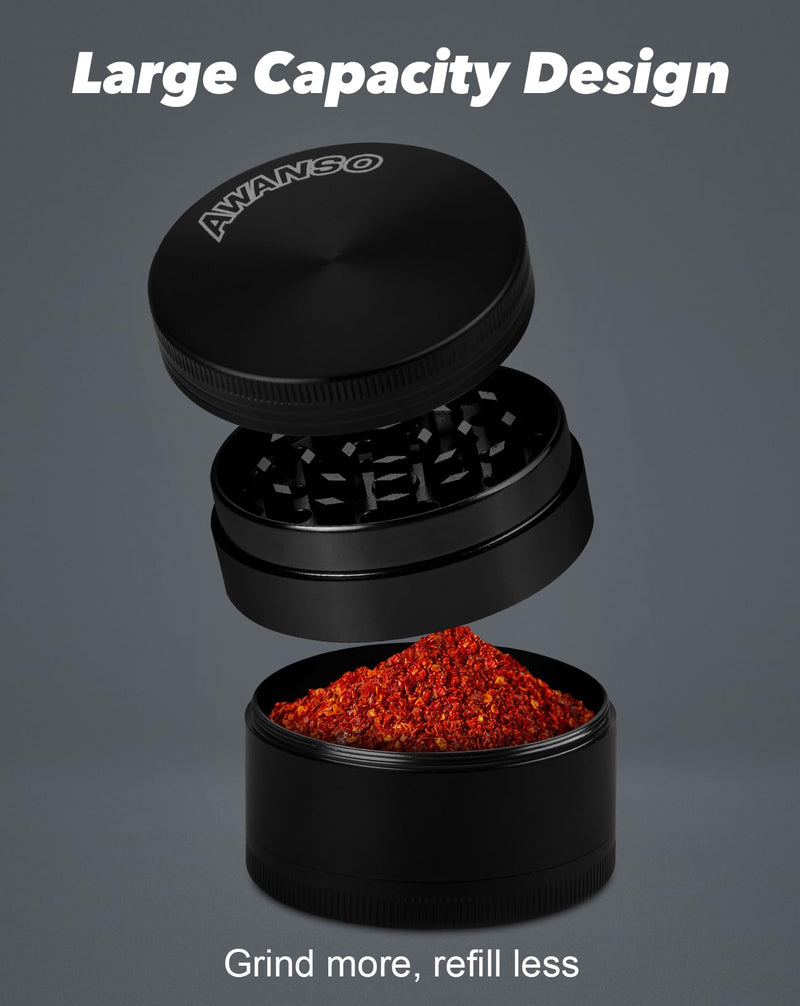 2" Grinder for Kitchen Spices, 3-Piece 4-Part Design, Screen-Free, Durable Zinc Alloy, Black 2.0"