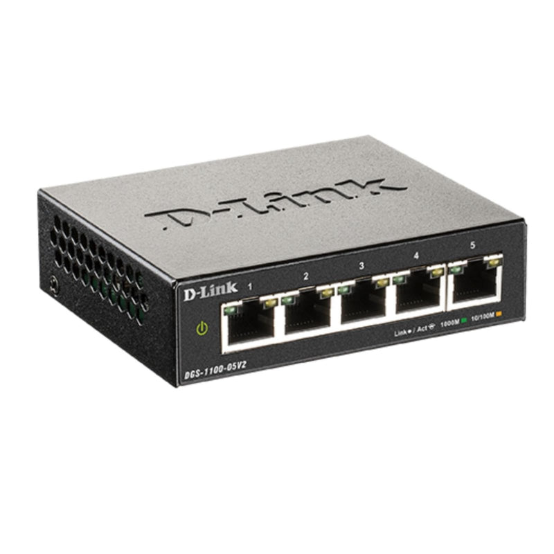 D-Link 5-Port Gigabit Smart Managed Switch —5GbE Ports —L2—VLANs —Web Managed —Desktop—Fanless —NDAA Compliant —Lifetime Protection (DGS-1100-05V2) Compact 5 Port Gigabit V2