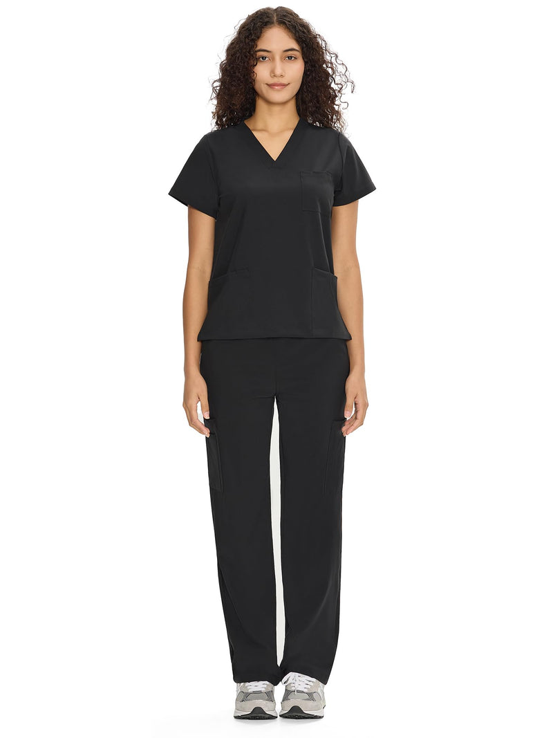 COZYFIT Scrubs for Women Set Medical Uniform - V-Neck Top & Straight Leg Pants with 9 Pockets, Unisex Workwear COZY SCRUBS Standard Small Black