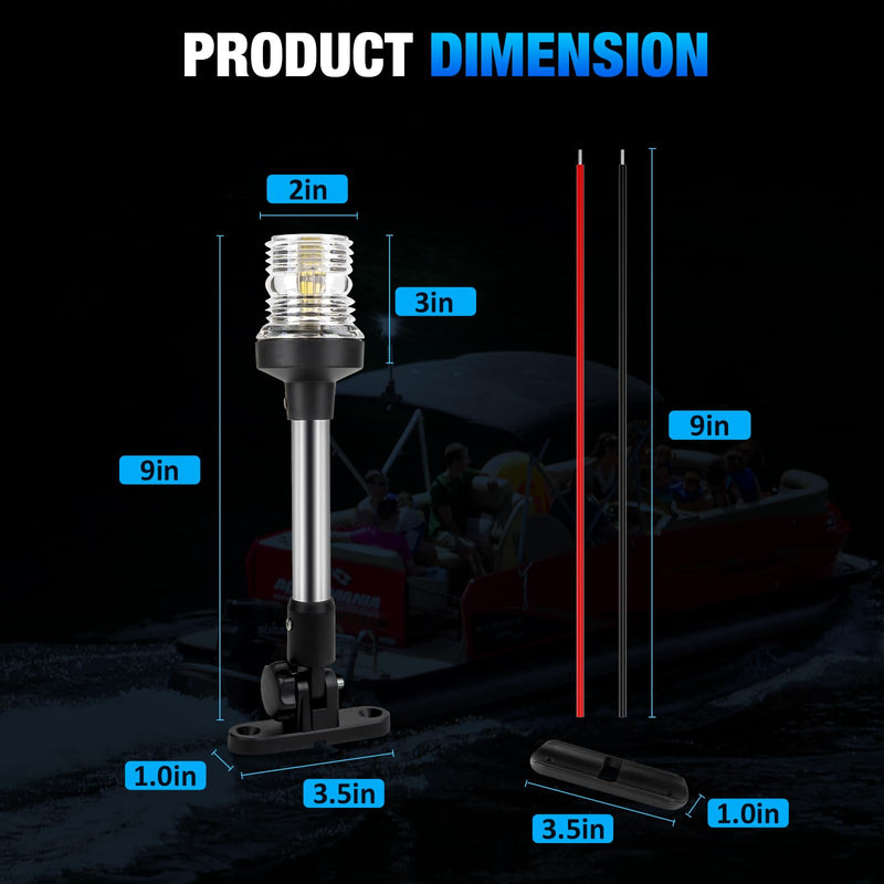 9 Inch Stern Light Bimini Top Anchor Light, LED Pontoon Navigation Lights Waterproof IP67, 3 NM Visibility White Fold Down Rear Boat Lights for Jon Boat, Small Boats, Fishing Boats (12~24V) 9 Inches