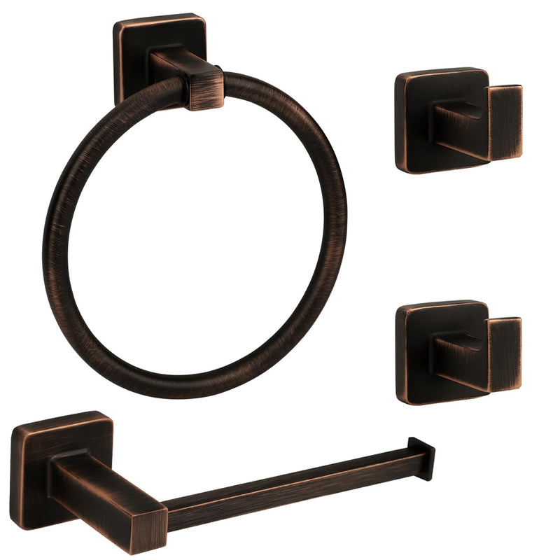 4 Pieces Oil Rubbed Bronze Bathroom Hardware Accessories, Include Hand Towel Ring, Toilet Paper Holder and 2 Robe Towel Hooks,Bronze Bathroom Hardware Set