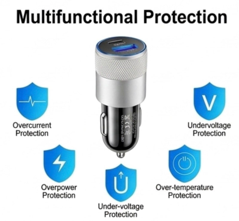 Dual-Port USB Fast Car Charger, USB-C PD and 3.1A USB-A, 15W Total Output, Metal Knurled Grip, Universal 12-24V, Model CC-PD1 Silver/Black