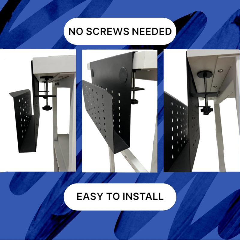 Desk Side Mount Laptop Holder (Black) - No Drill Steel Hanging Organizer for Office & Home - Under Desk Storage Black