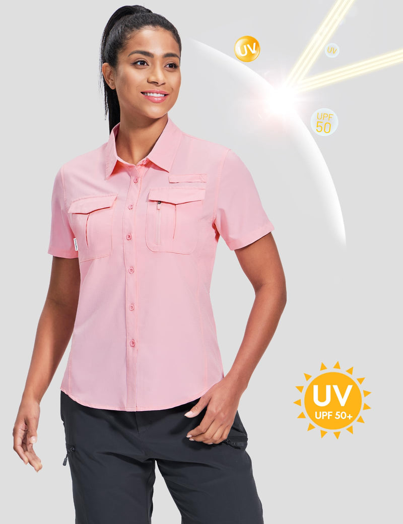 Haimont Women's Sun Protection Fishing Hiking Shirts Button Down Short Sleeve Water Resistant Quick Dry Outdoor Light Pink Small