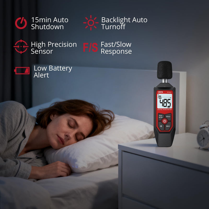 BTNTA Decibel Meter, Digital Sound Level Meter 30-130dB A-Weighted, Portable SPL Tester with Backlit LCD Screen, Noise Decibel Reader MAX Data Hold Audio Power Off for Home Office Factory Neighbors