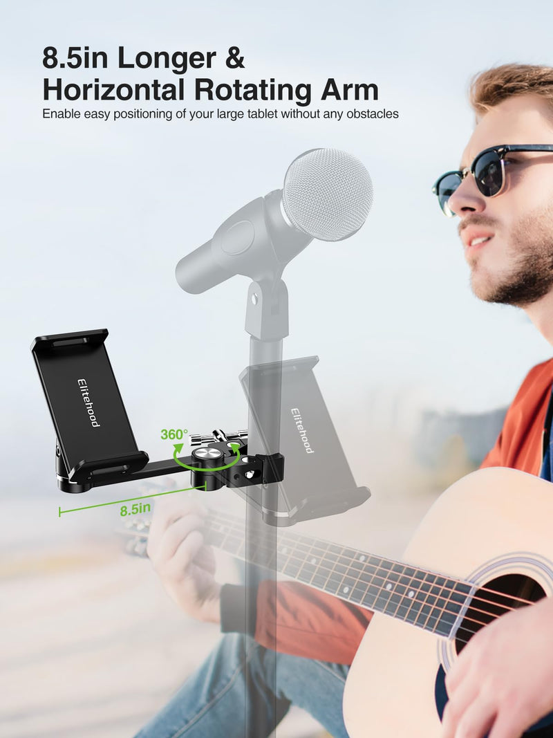 elitehood 8.5in Long Arm iPad Holder for Mic Stand, 360° Adjustable Aluminum Mic Stand Tablet Holder, Microphone Music Stand Mount & 1/4 iPad Tripod Mount for iPad, iPhone, Android 4-13in Tablets