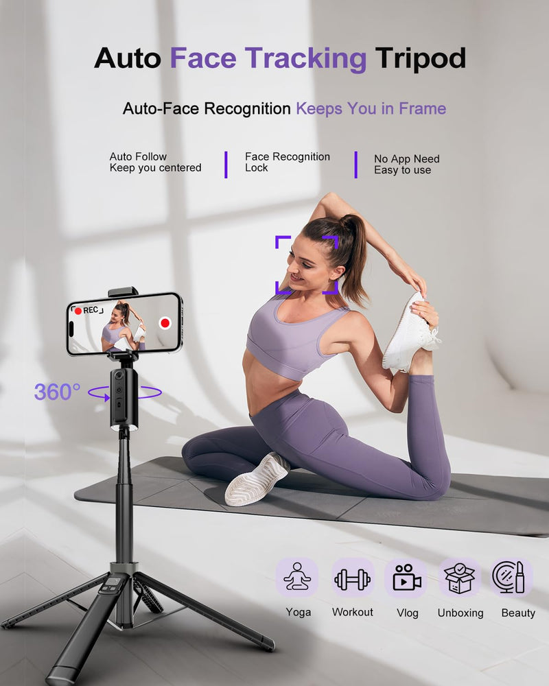 59" Extendable 360° Auto Face Tracking Phone Stand with Remote and Fill Light, No App Needed, Black Tracking Tripod for iOS and Android, Ideal for Content Creators and Video Recording Light+Black
