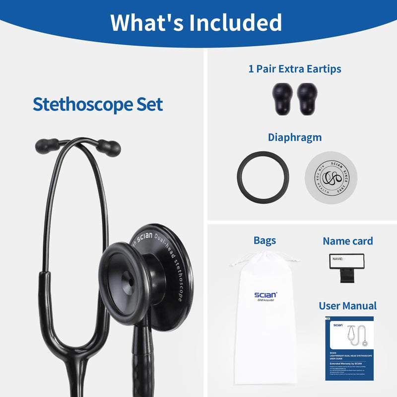 Scian Lightweight Stethoscope -Enhanced Acoustic, Satin-Flex Tube, Aluminum Featherlight Dual Head for Nurse Essentials, Black