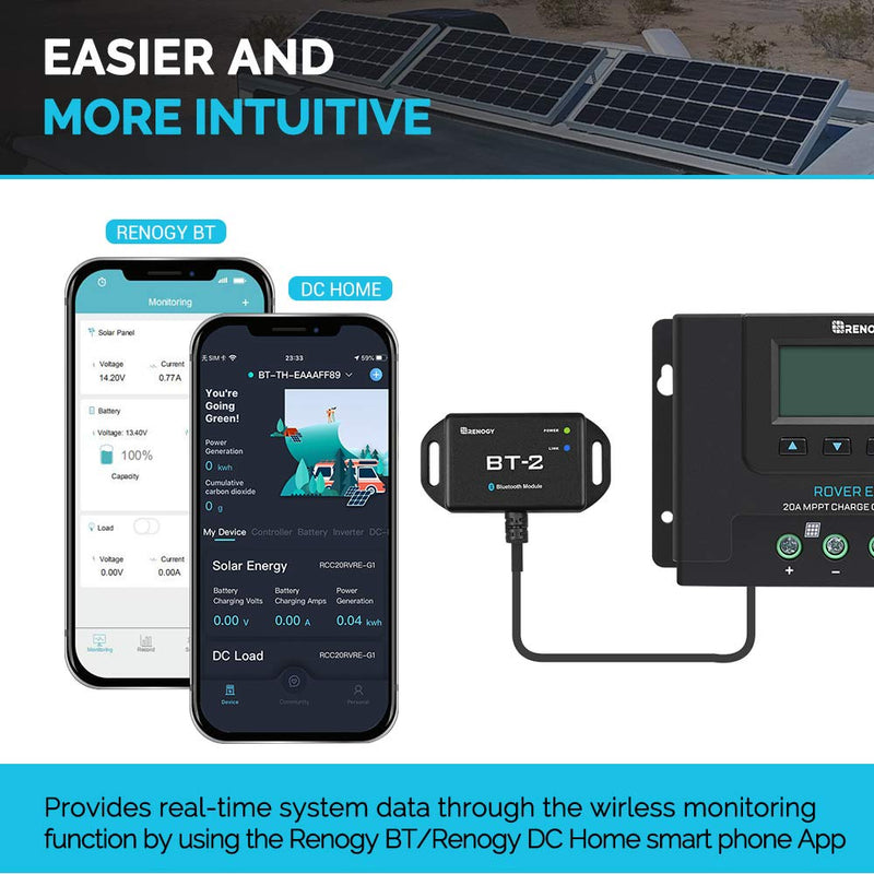 Renogy BT-2 Bluetooth Module RJ45 Communication Port Wirelessly Monitor Real-time Insight Precise Control, Compatible Solar Charge Controllers, Battery Charger, Inverter, BT-2 RS485 Bluetooth Module RS485