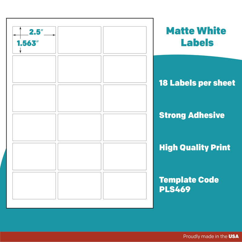 Premium Label Supply White Sticker Rectangle Labels – 2.5" x 1.563" – Laser/Inkjet Compatible – (18 per Sheet), 25 Sheets – 450 Total Adhesive Labels 450 Labels