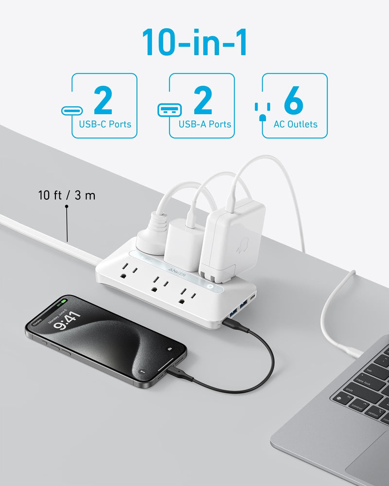 Flat Plug Power Strip(300J), Anker 20W USB C Power Strip, 10-in-1 Ultra Thin Power Strip with 6 AC, 2 USB A/2 USB C,10ft Extension Cord, Desk Charging Station,Home Office College Dorm Room Essentials 10FT White