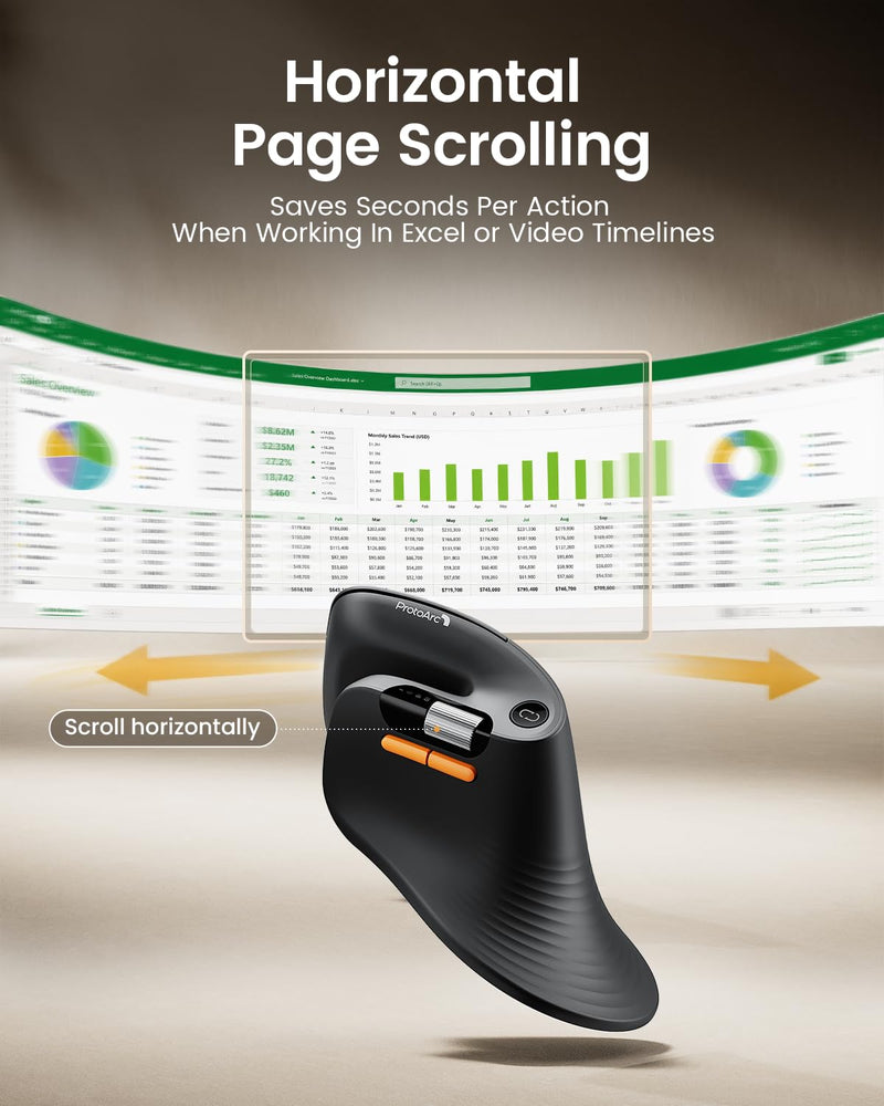 ProtoArc EM11 Pro Ergonomic Mouse for Large Hands, Side Scroll, Black | Designed for hands 7.5-8.5". Browser-based customization, Side scroll wheel for Excel/video editing, Multi-Device.