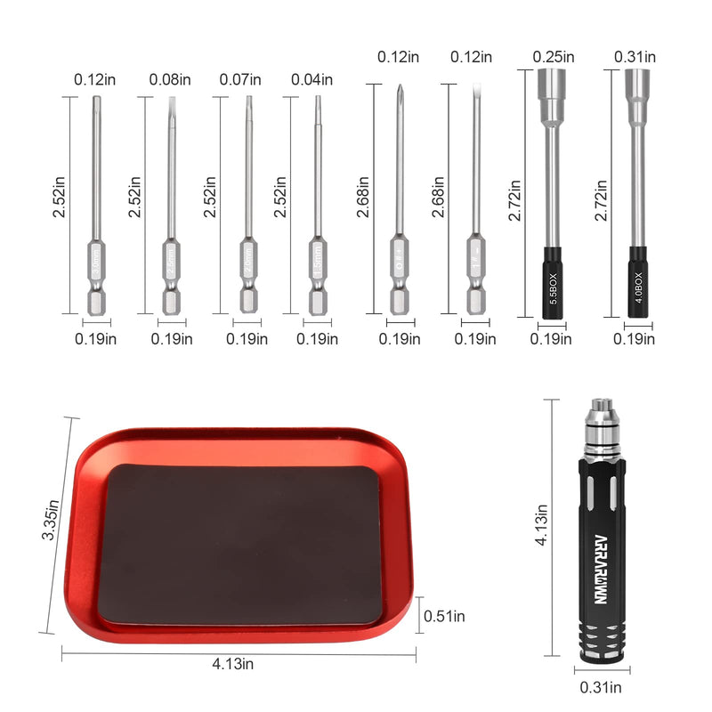 10 in 1 RC Model Repair Tools Kit with 1.5/2.0/2.5/3.0/4.0/5.5mm Hex Screwdrivers Wrench Phillips & Slotted Screwdriver, Metal Tray for RC Cars Helicopter Drone Boat Black With Red Tray
