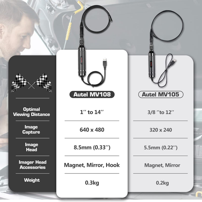 Autel MaxiVideo MV108S Digital Inspection Camera, 2026 8.5mm 1080P HD Semi-Rigid Snake Camera, IP67 Waterproof USB Borescope Industrial Endoscope w/LED Light, Upgrade of MV108 MV105S MV105