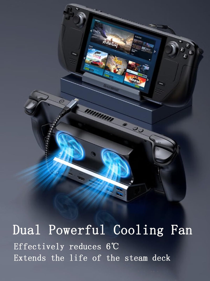 10-in-1 Docking Station for Steam Deck OLED & ROG Ally X & Legion Go, Dual Cooling Fan 5 USB Ports, 4K@60Hz HDMI 2.0, 100W Charging Port Support ROG Ally 30W Mode, Gigabit Ethernet, SD/TF