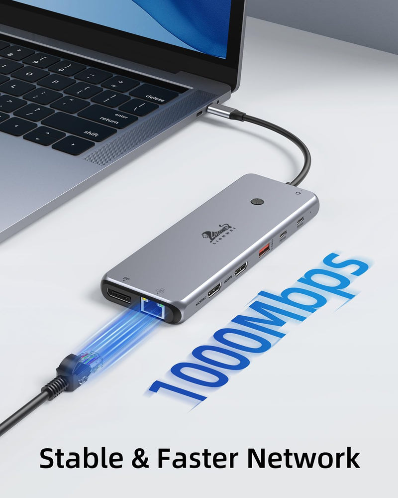 Docking Station Dual Monitor 4K HDMI 13-in-1 USB C Hub for Laptop MacBook | LIONWEI Triple 4K, Dual HDMI+DP, 10Gbps, 100W PD, Ethernet, 8 USB C/A Ports, Switching Mode Botton, Audio, for Dell,HP,Lenovo 13-in-1 Docking Station (USB C)