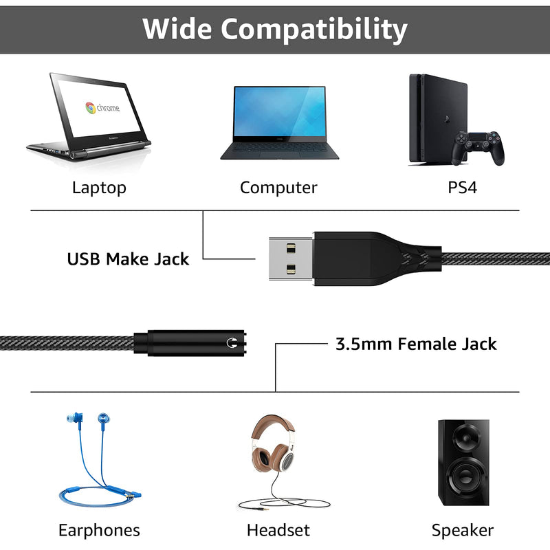 USB to 3.5mm Jack Audio Adapter, APETOO External Stereo Sound Card USB to Aux Jack Adapter Aux Dongle Cable Cord for Headphones Headset Earphones Mac Computer PC Laptop Desktop Windows PS4 PS5 Linux