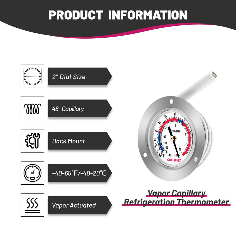 Vapor Capillary Refrigeration Thermometer, Stainless Steel Flanged Panel Mount, 2" Dial Size, 48" Capillary, -40-65 Deg F/-40-20 Deg C