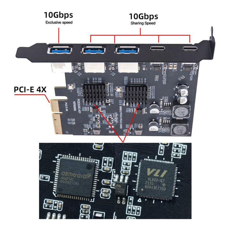 chenyang 5 Port PCI-E 4X to 2 USB C/3 USB 3.0 Panel Socket USB 3.2 Gen2 PCI Express Expansion Card Adapter with ASM3142 VL822 Dual Chipset 5 Port 2 USB C/3 USB 3.0