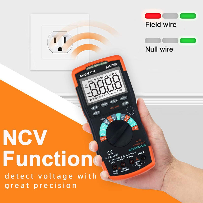 AIOMEST AN-770T Digital Multimeter Auto-Ranging 6000 Counts Multimeter, Voltage/Current/Resistance Meter, Measures Capacitor Temperature and Diode, TRMS DMM with Data Hold, NCV and Backlight Auto-ranging AI-770T