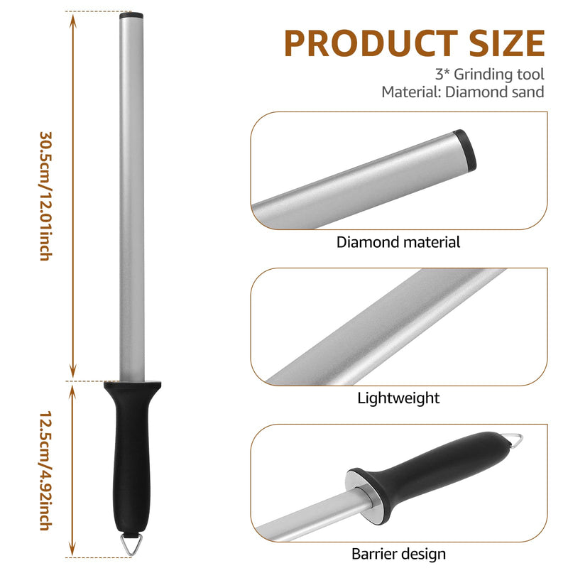 3 PCS 12 Inch Diamond Honing Steel, Diamond Sharpening Rod Knife 1000 Grit Sharpener Rod with Hanging Holes for Kitchen Knife, Chef, Hunting or Home Gourmet Blade, 17" Overall 3 Pcs