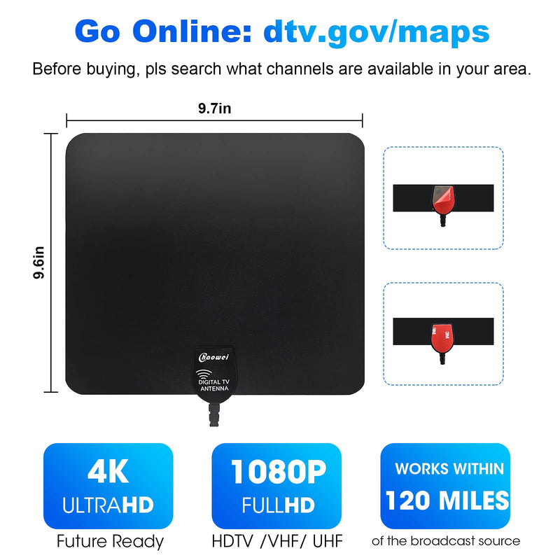 Chaowei Indoor TV Antenna, Digital HDTV with Built-in Amplifier, 50 Mile Range, 4K 1080p, 16.5ft Cable, Black, USB Powered