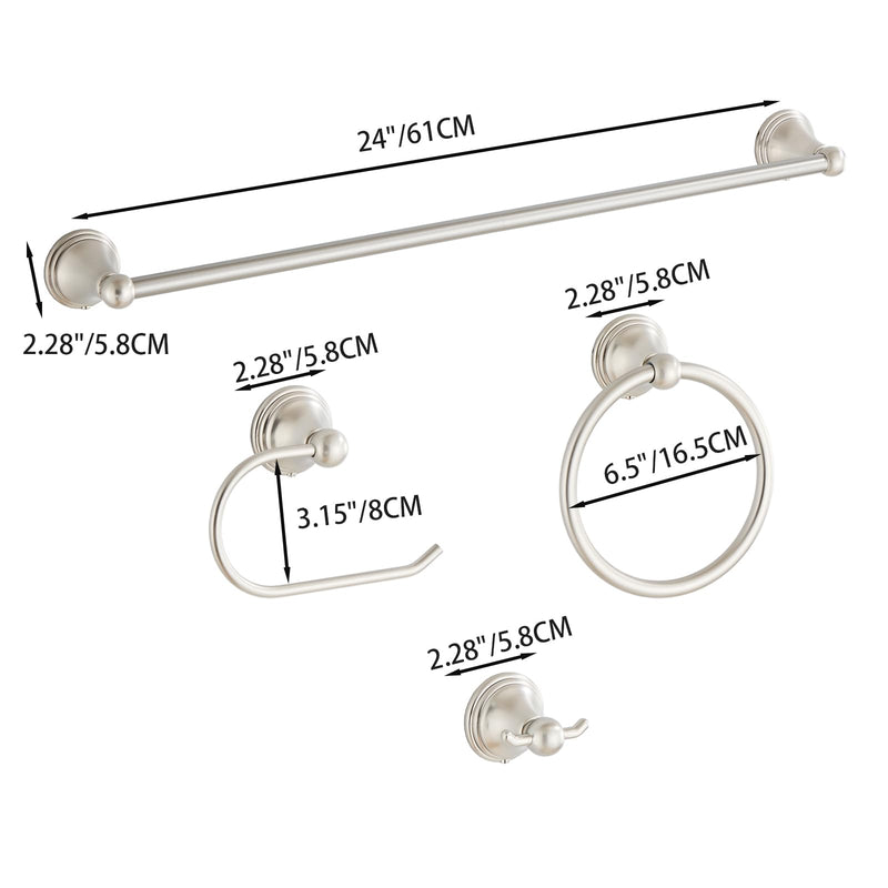 4-Piece Towel Bar Set, 24 Inch Towel Racks for Bathroom Wall Mounted in Brushed Nickel, SUS304 Stainless Steel Complete Bathroom Hardware